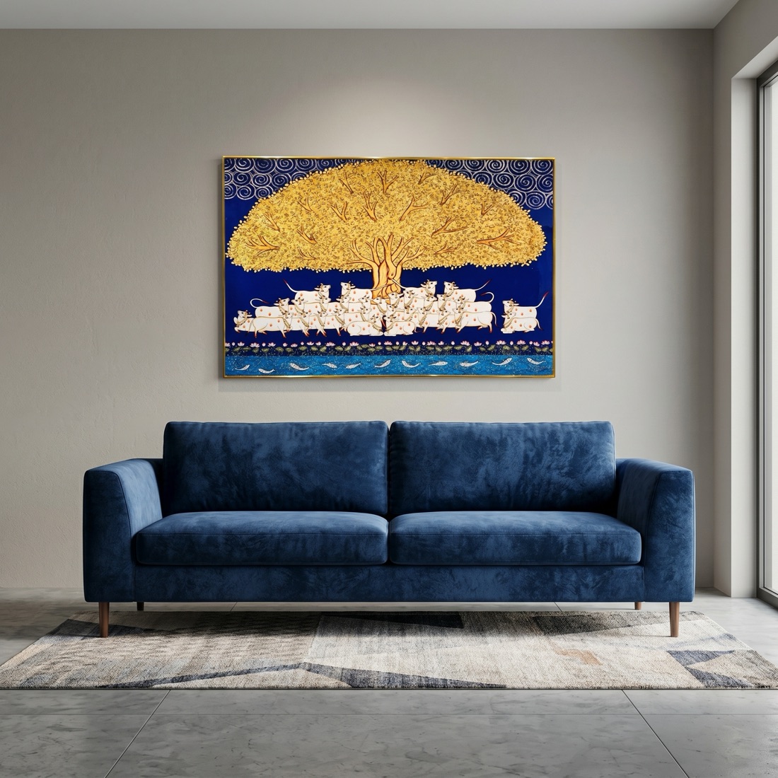 Sacred Cows Under Golden Tree of Life Pichwai Crystal Painting - Image 2
