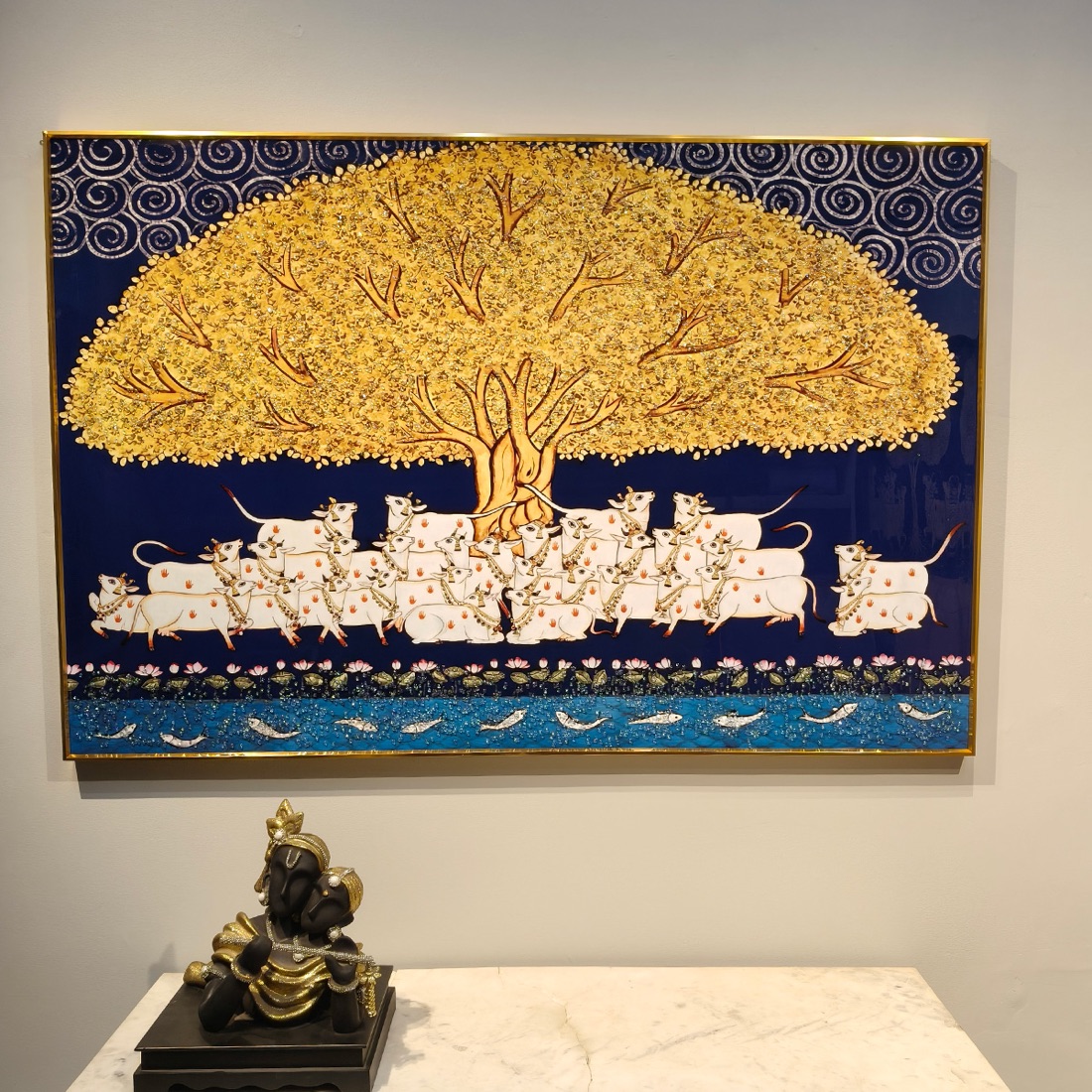 Sacred Cows Under Golden Tree of Life Pichwai Crystal Painting - Image 3