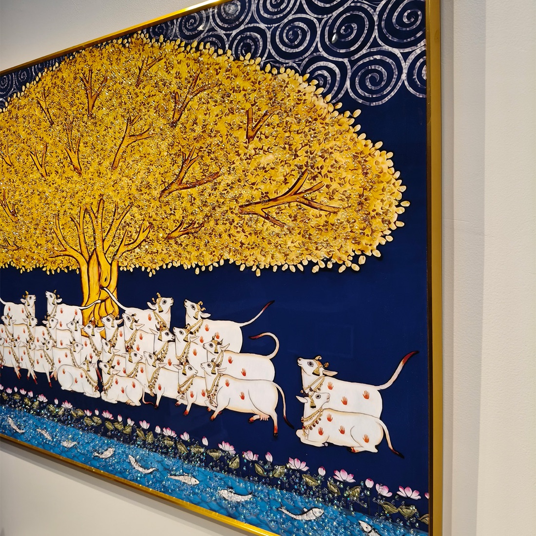 Sacred Cows Under Golden Tree of Life Pichwai Crystal Painting - Image 4