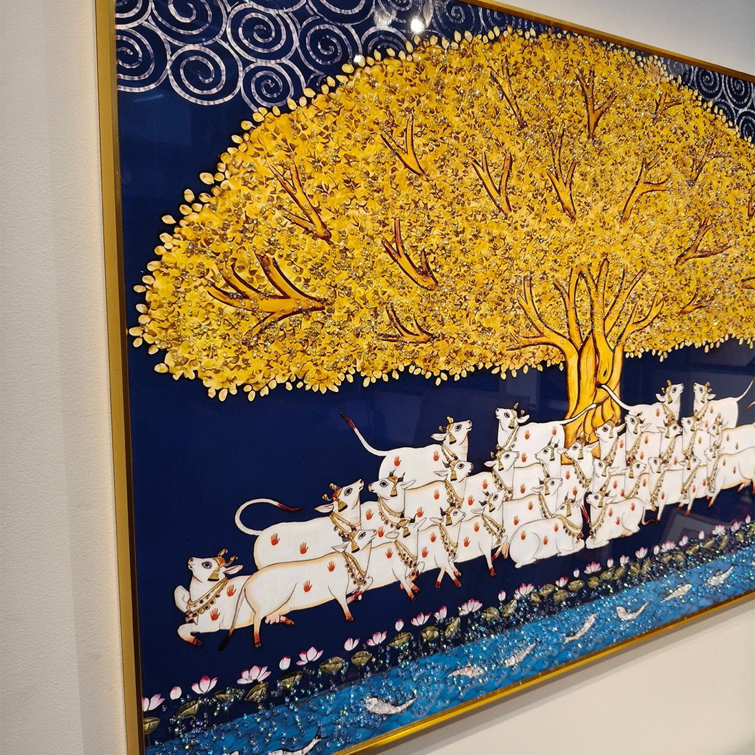 Sacred Cows Under Golden Tree of Life Pichwai Crystal Painting - Image 5