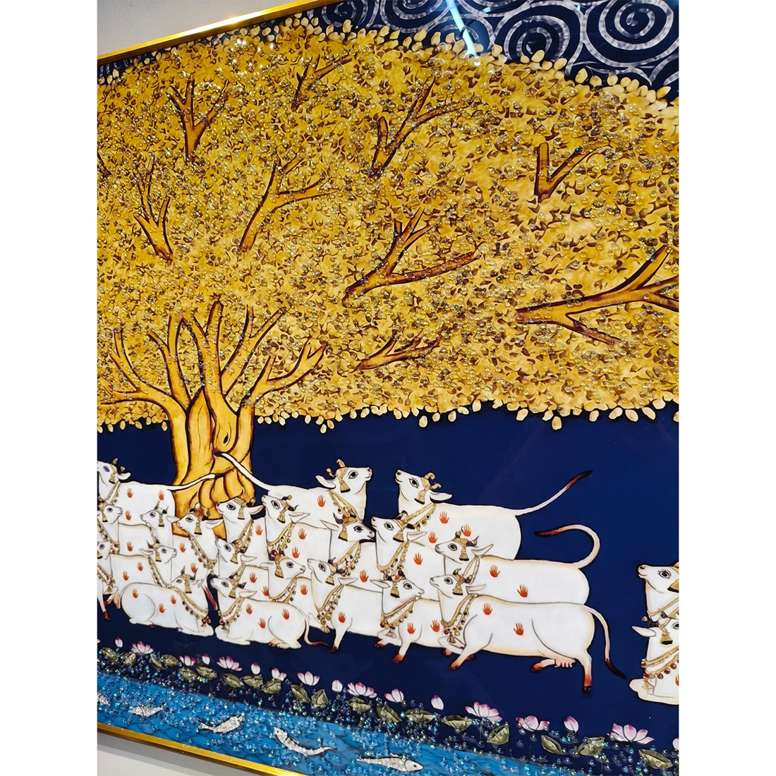 Sacred Cows Under Golden Tree of Life Pichwai Crystal Painting - Image 6
