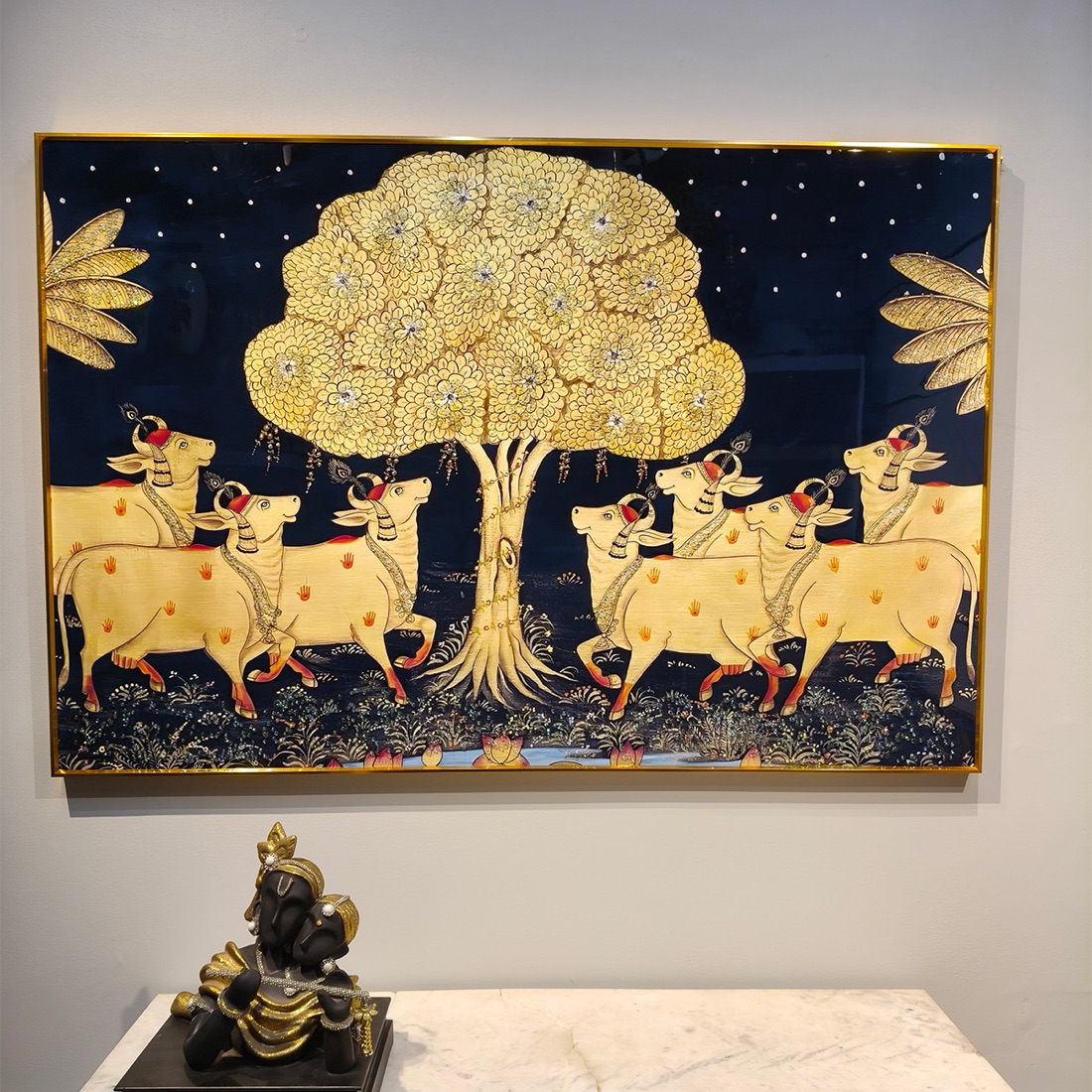 Moonlit Kalpavriksha Tree of Life Cow Crystal Painting - Image 3