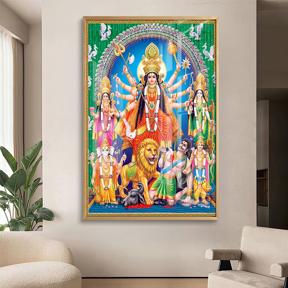 Durga Parivar Mahishasura Mardini Glass Painting