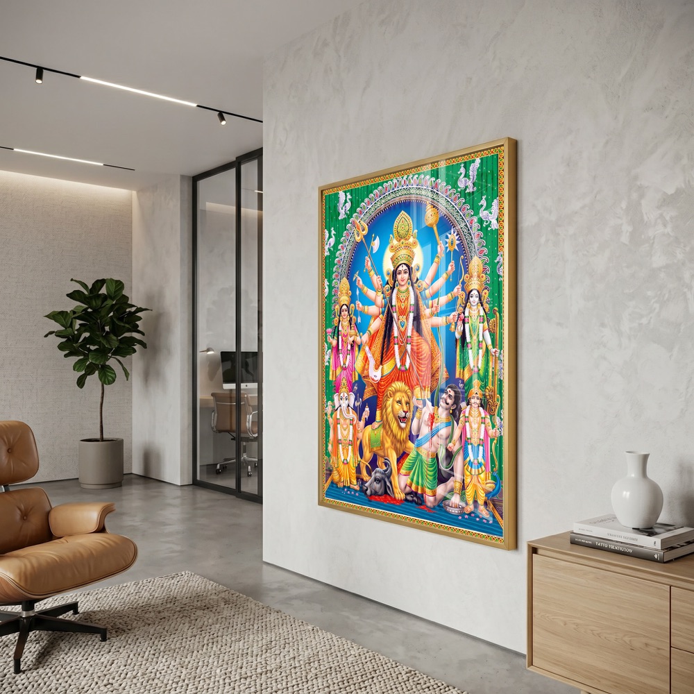 Durga Parivar Mahishasura Mardini Glass Painting - Image 3