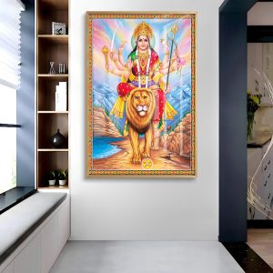 Goddess Durga Riding Lion Mountain Glass Painting
