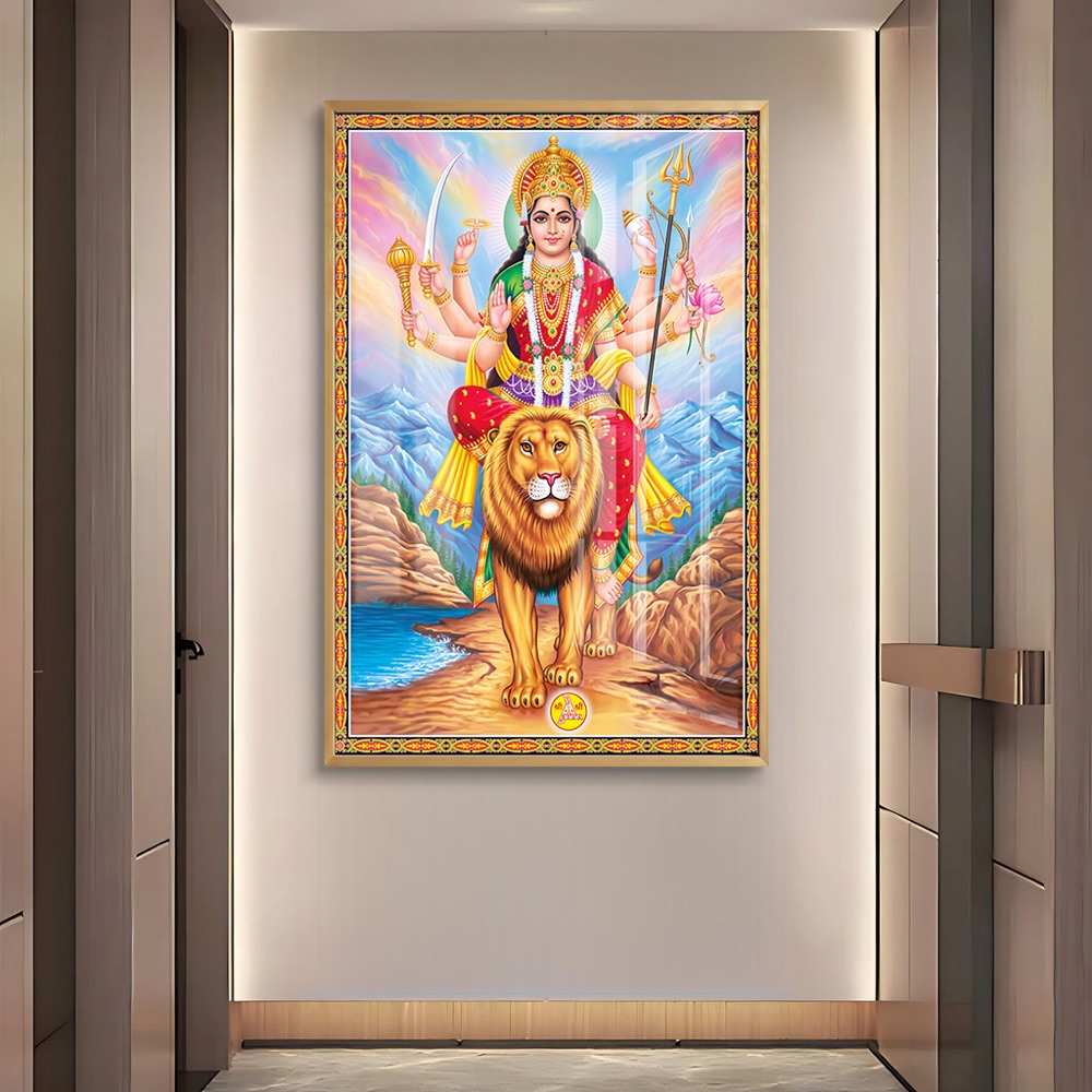 Goddess Durga Riding Lion Mountain Glass Painting - Image 2