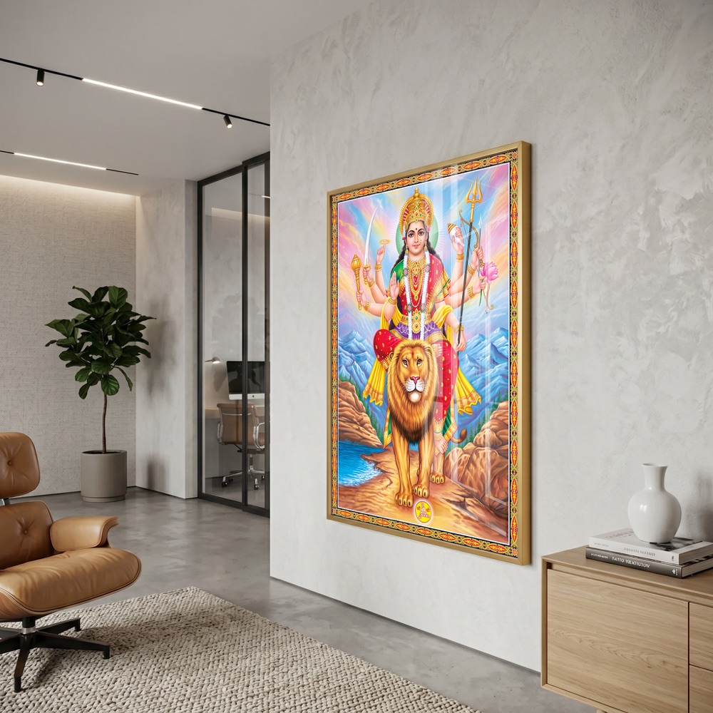 Goddess Durga Riding Lion Mountain Glass Painting - Image 3