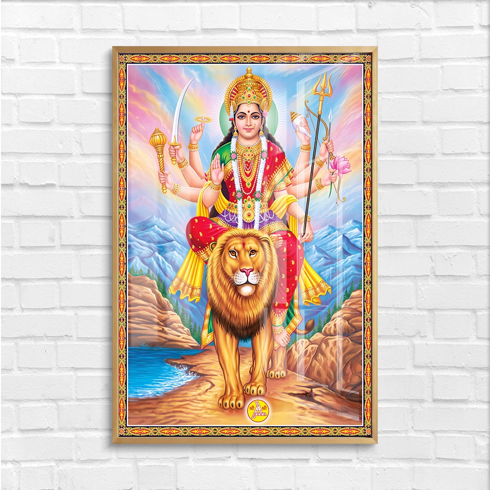Goddess Durga Riding Lion Mountain Glass Painting - Image 4