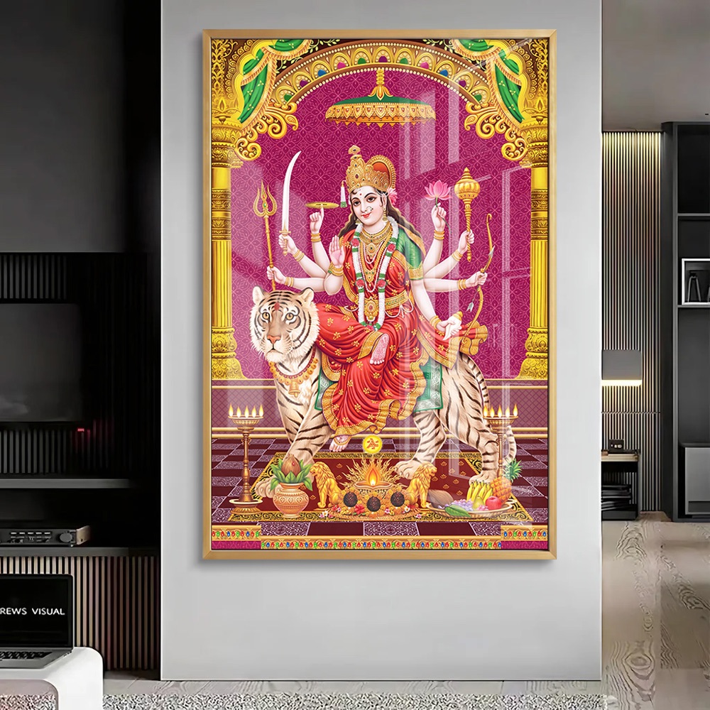 Goddess Durga Riding Tiger Magenta Temple Art