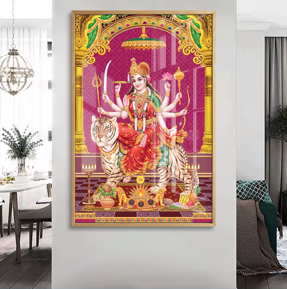 Goddess Durga Riding Tiger Magenta Temple Art - Image 2