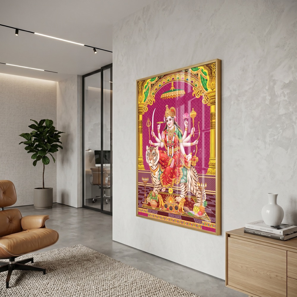Goddess Durga Riding Tiger Magenta Temple Art - Image 3