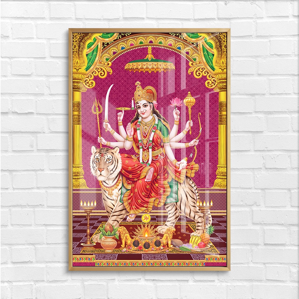 Goddess Durga Riding Tiger Magenta Temple Art - Image 4