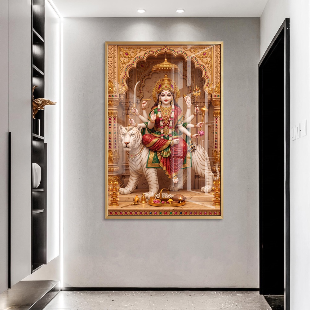 Serene Durga Maa White Tiger Temple Painting