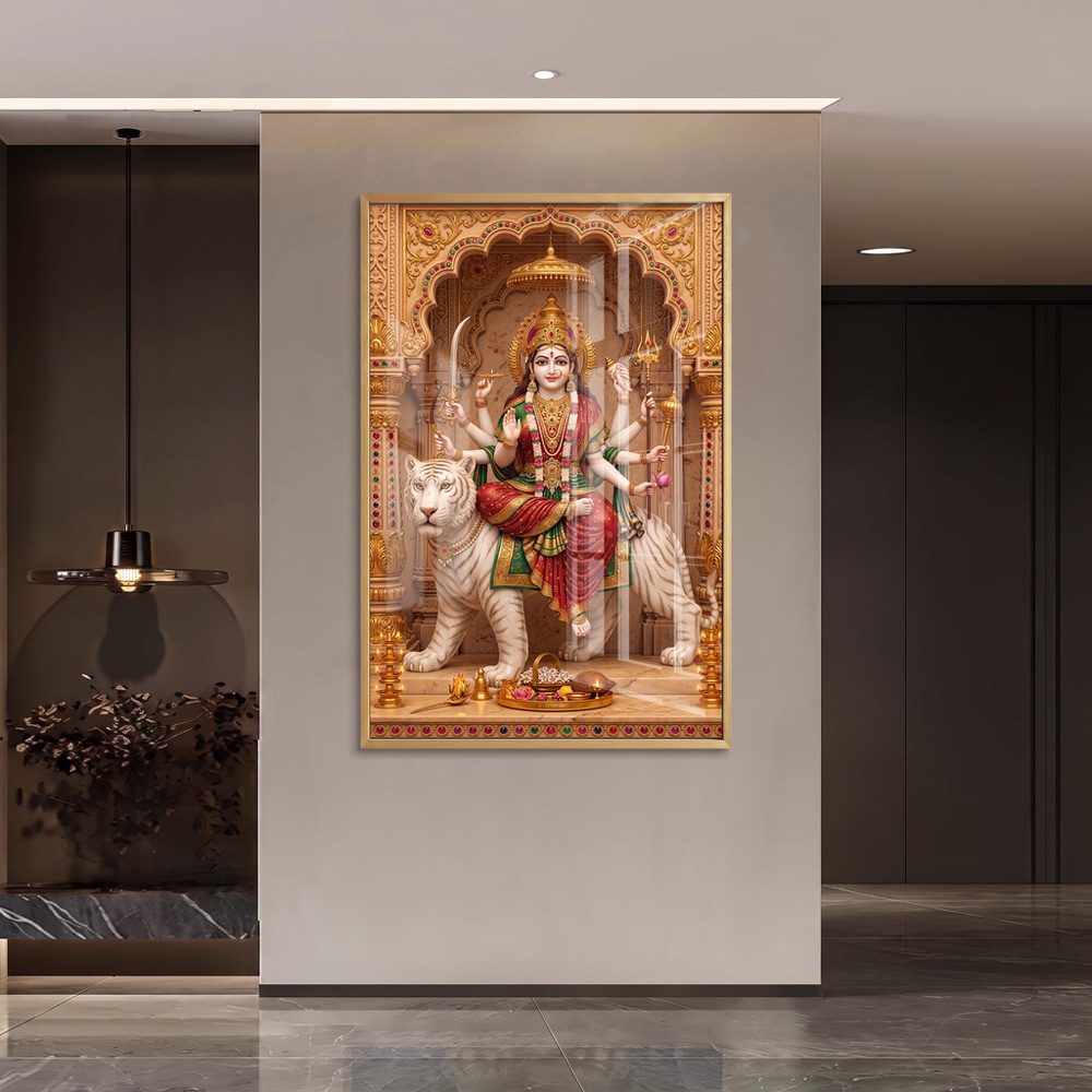 Serene Durga Maa White Tiger Temple Painting - Image 2