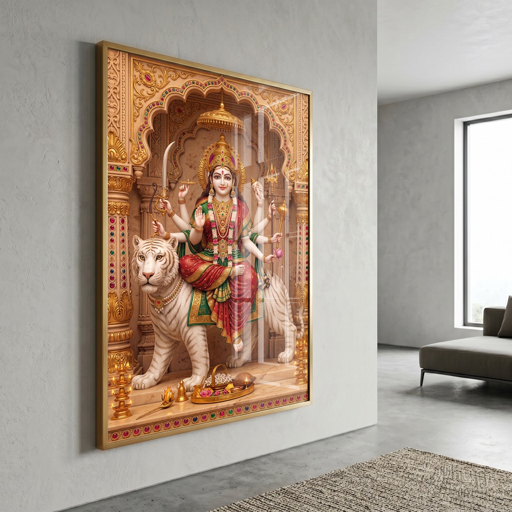 Serene Durga Maa White Tiger Temple Painting - Image 3