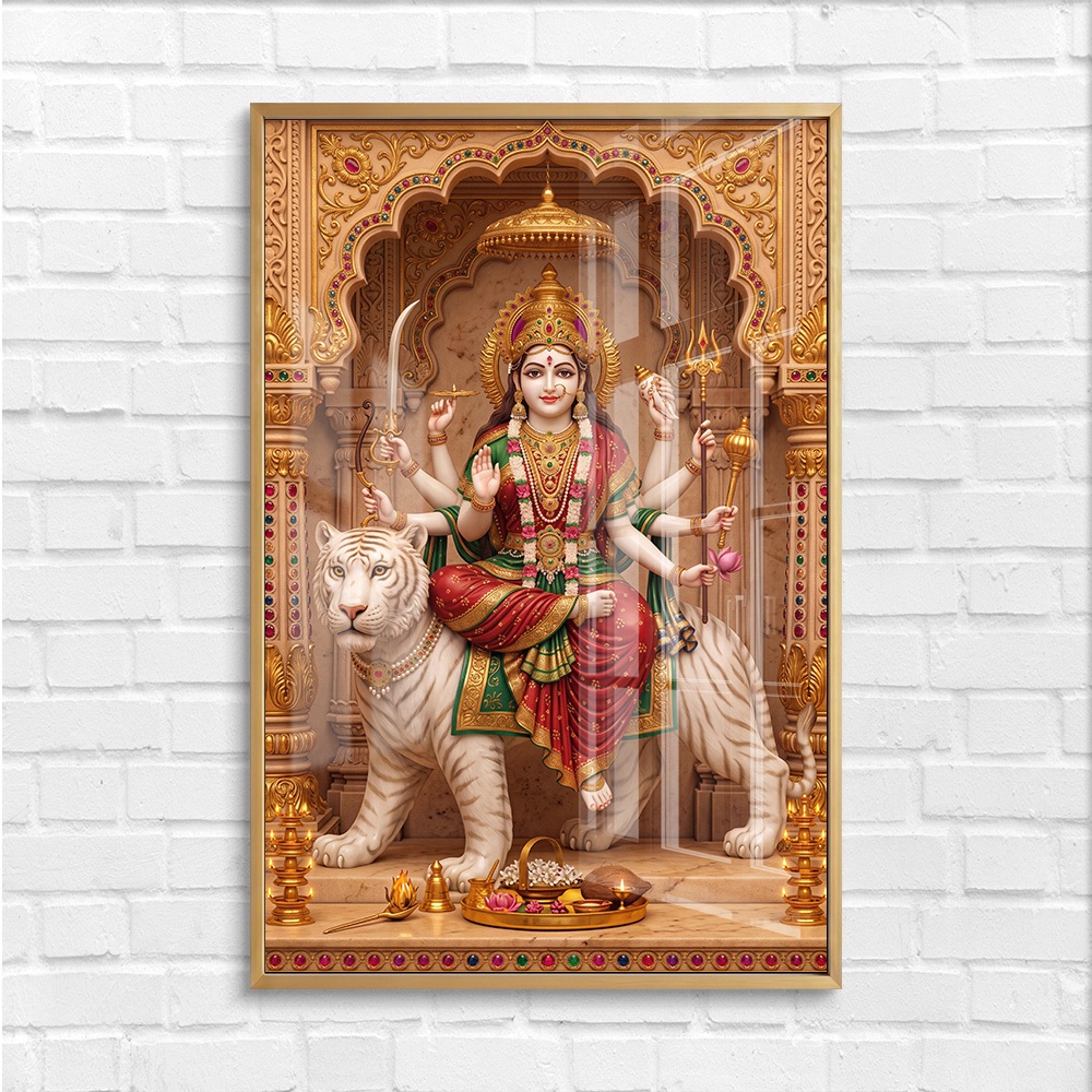 Serene Durga Maa White Tiger Temple Painting - Image 4