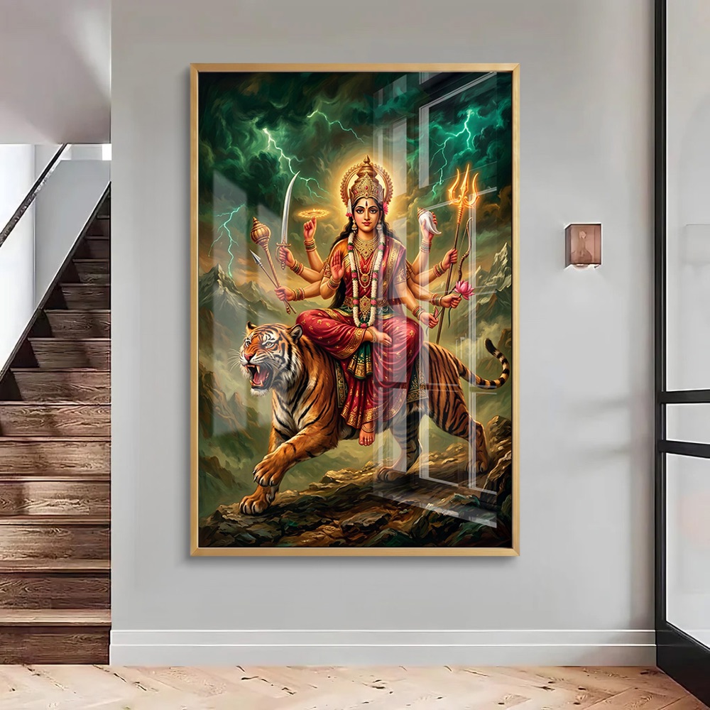 Goddess Durga Tiger Mount Lightning Mountain Painting - Image 2