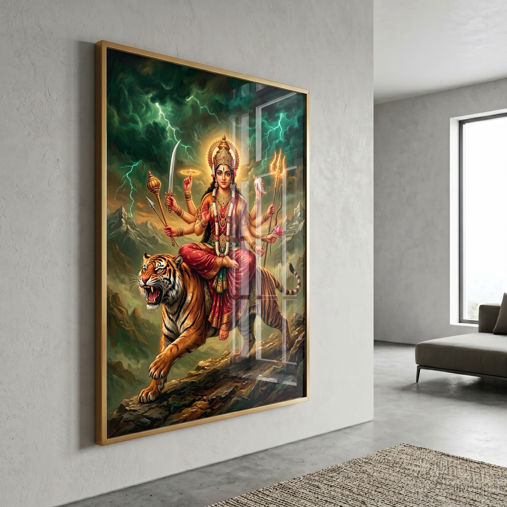 Goddess Durga Tiger Mount Lightning Mountain Painting - Image 3
