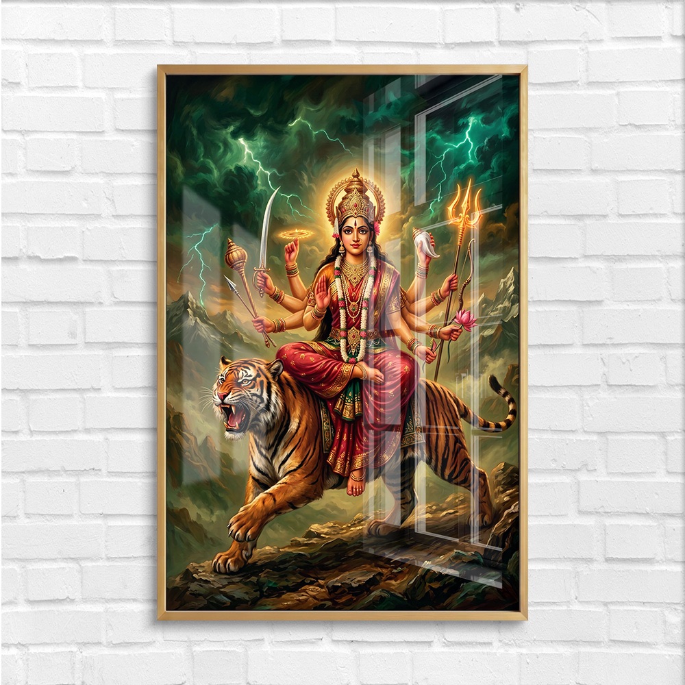 Goddess Durga Tiger Mount Lightning Mountain Painting - Image 4
