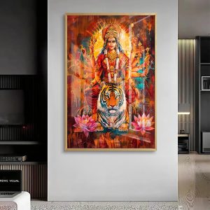 Abstract Vibrant Goddess Durga Tiger Wall Painting