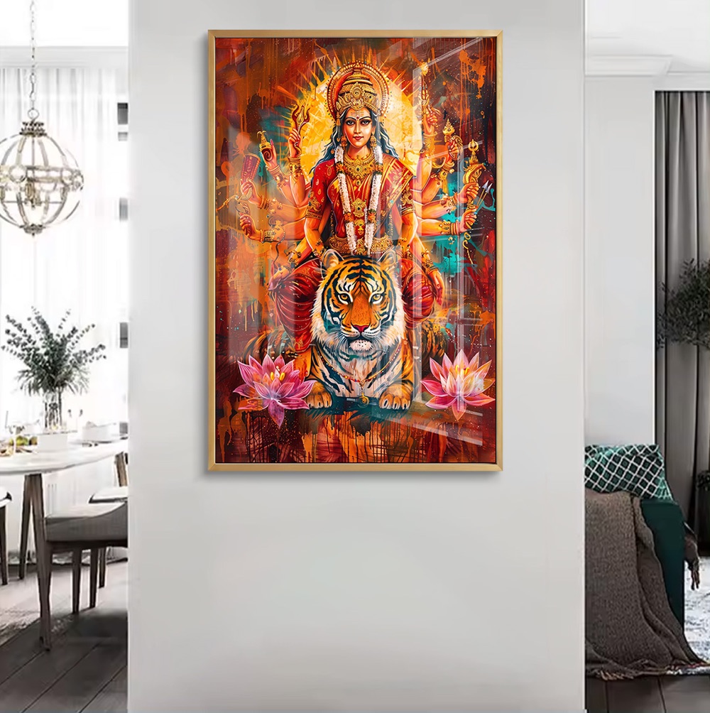 Abstract Vibrant Goddess Durga Tiger Wall Painting - Image 2