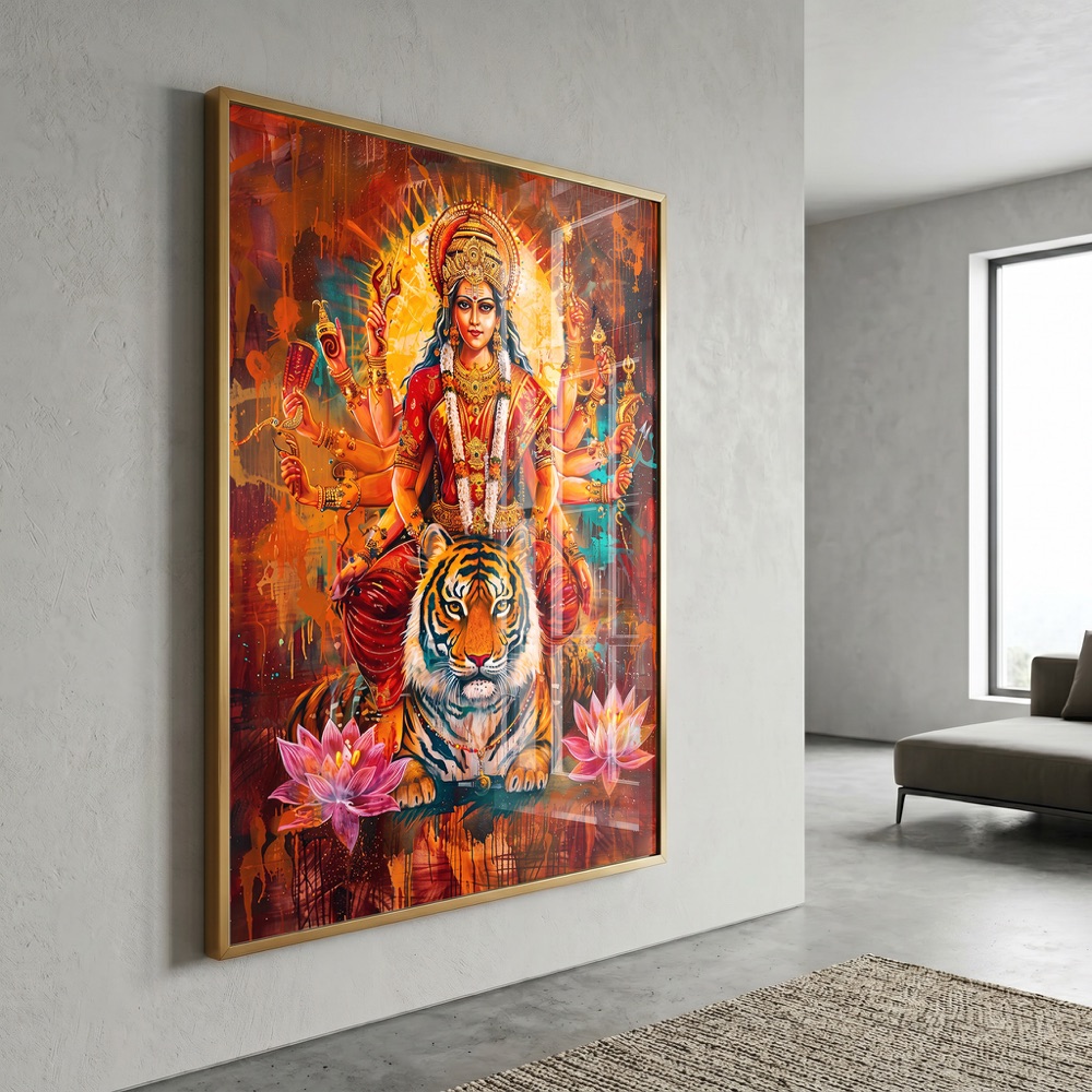 Abstract Vibrant Goddess Durga Tiger Wall Painting - Image 3