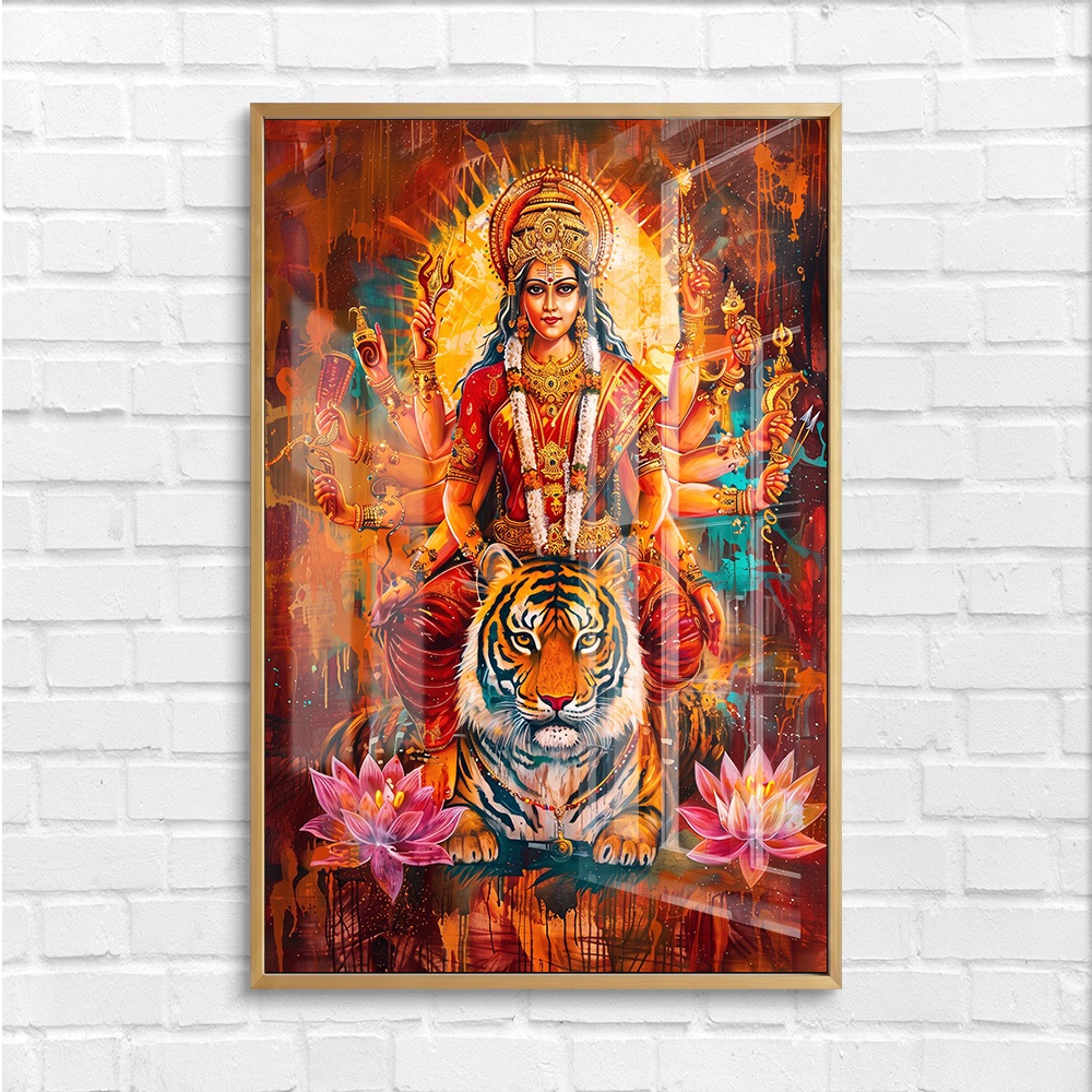Abstract Vibrant Goddess Durga Tiger Wall Painting - Image 4
