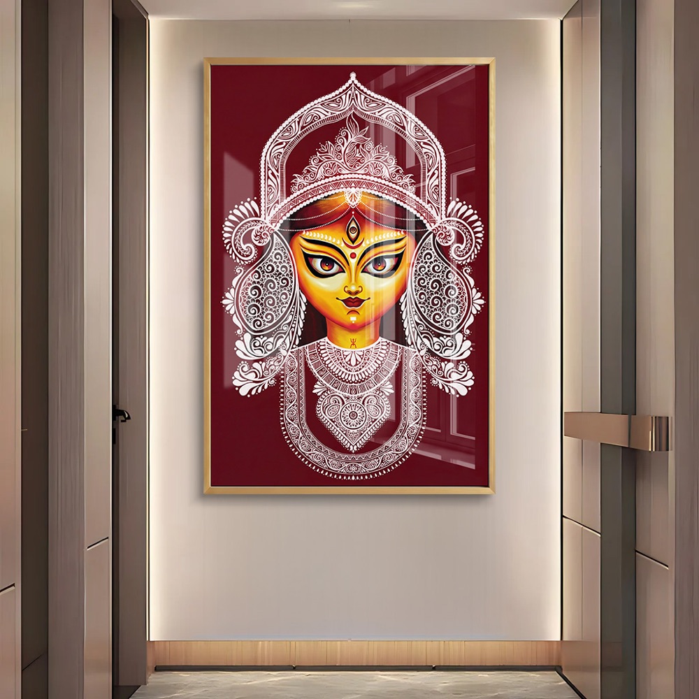 Durga Puja Mukut Red Glass Painting