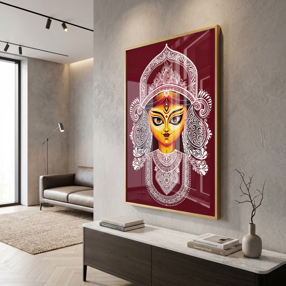 Durga Puja Mukut Red Glass Painting - Image 3