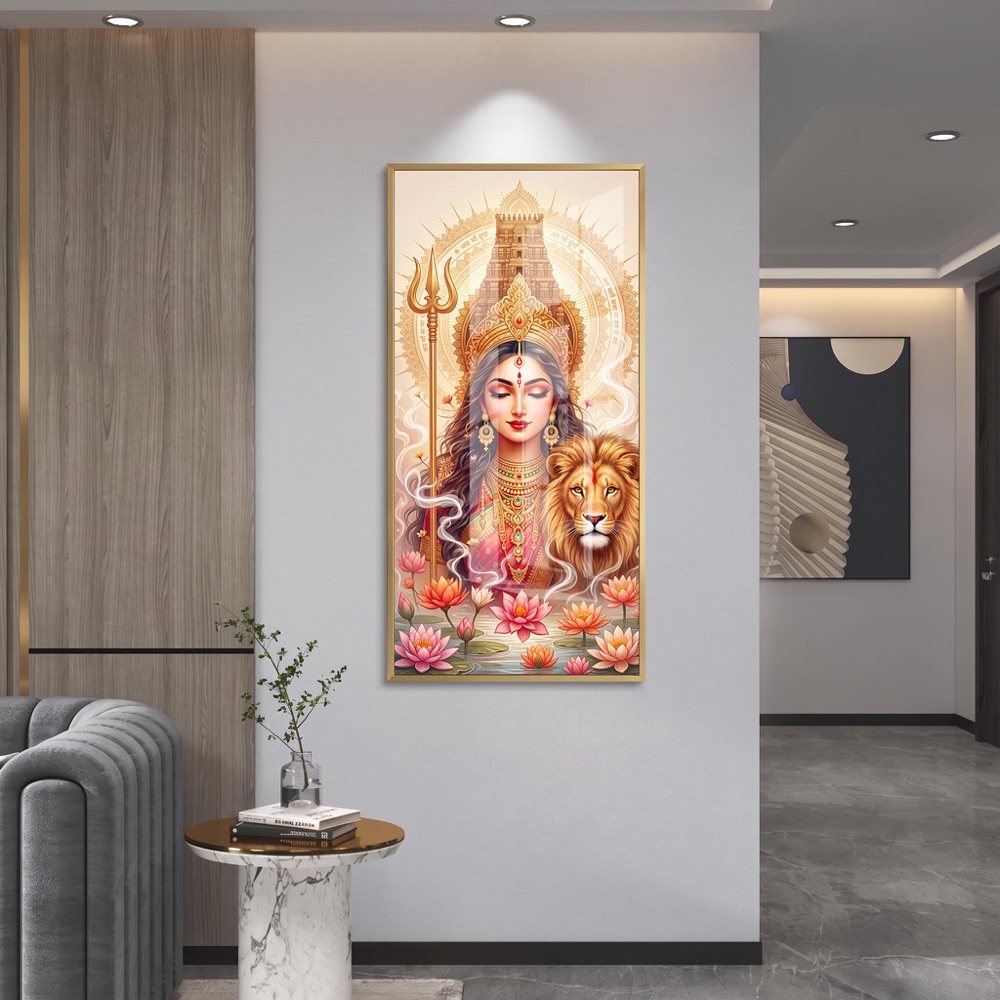 Meditative Goddess Durga Lotus Pond Wall Painting - Image 2