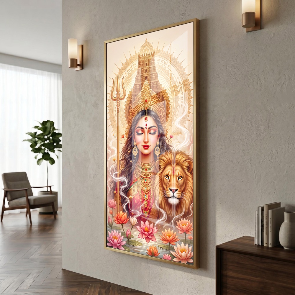Meditative Goddess Durga Lotus Pond Wall Painting - Image 3
