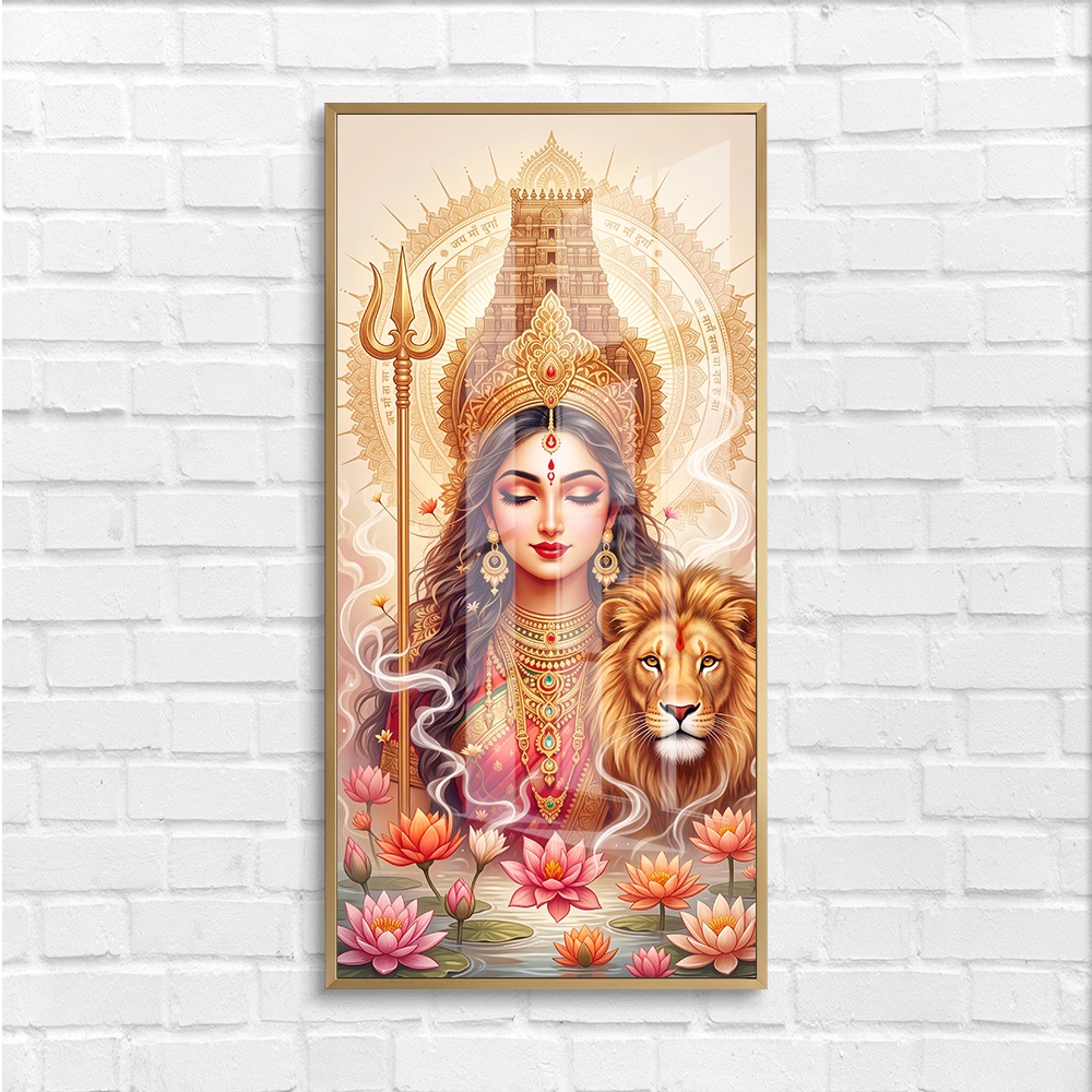 Meditative Goddess Durga Lotus Pond Wall Painting - Image 4