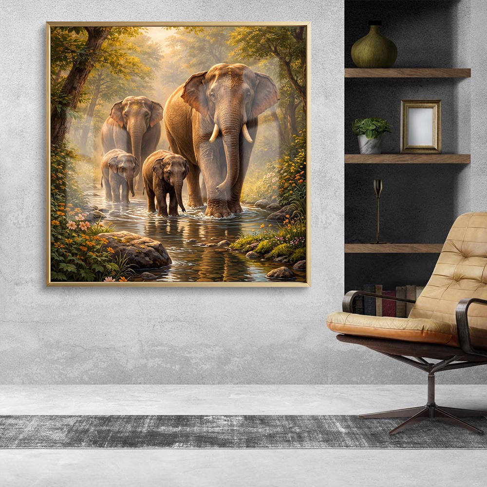 Golden Forest Elephant Family Wall Art