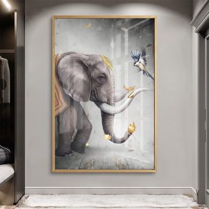 Elephant and Bird Pair Golden Leaves Painting