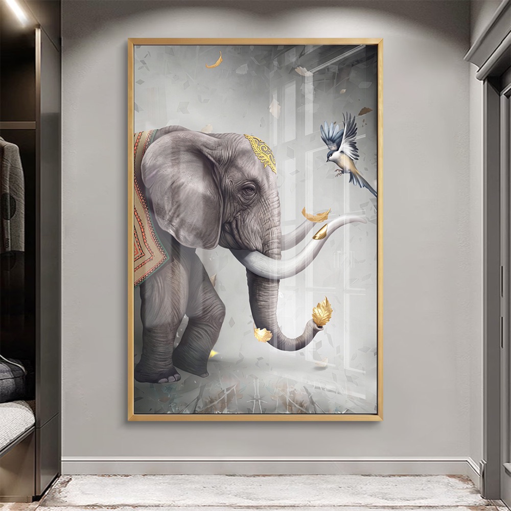 Elephant and Bird Pair Golden Leaves Painting