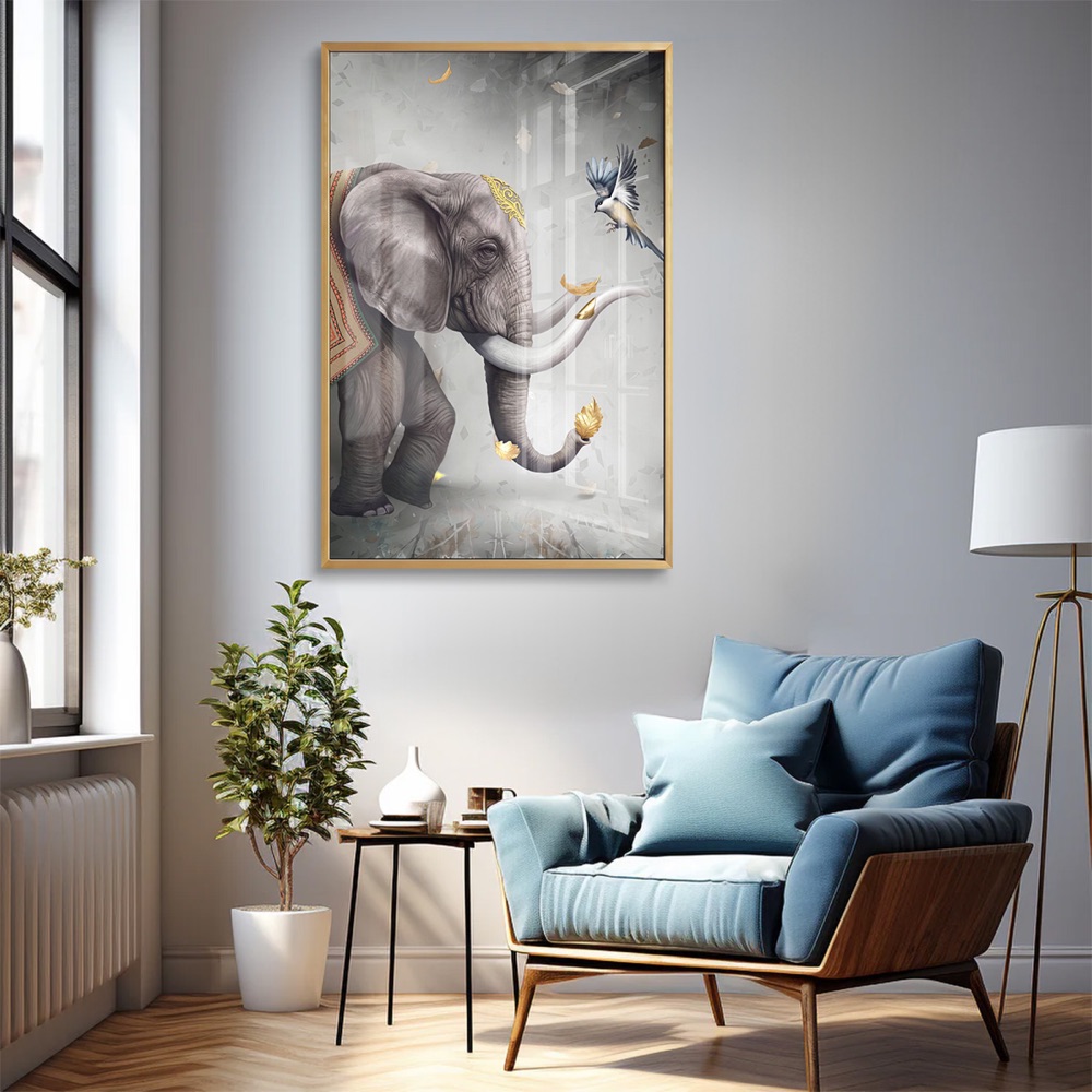 Elephant and Bird Pair Golden Leaves Painting - Image 2
