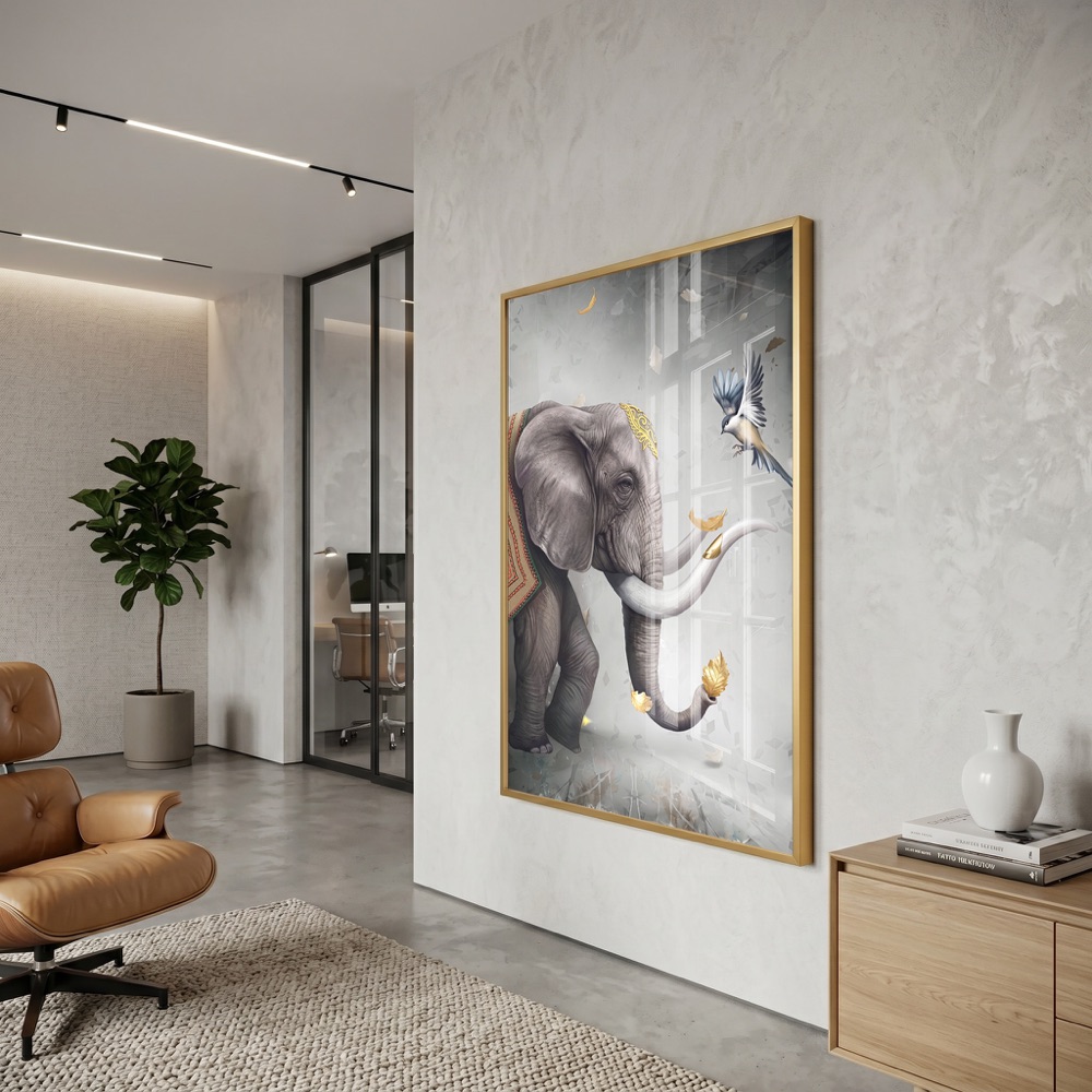 Elephant and Bird Pair Golden Leaves Painting - Image 3