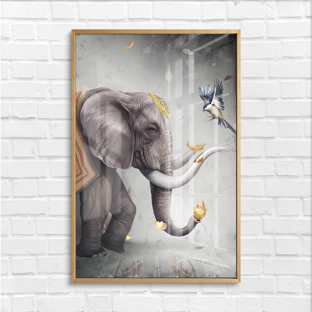 Elephant and Bird Pair Golden Leaves Painting - Image 4