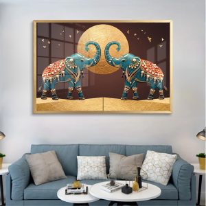 Ornate Teal Elephants Pair With Moon Painting