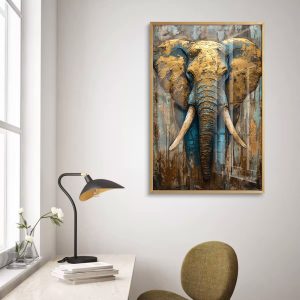 Modern 3D Gold Blue Elephant Wall Art