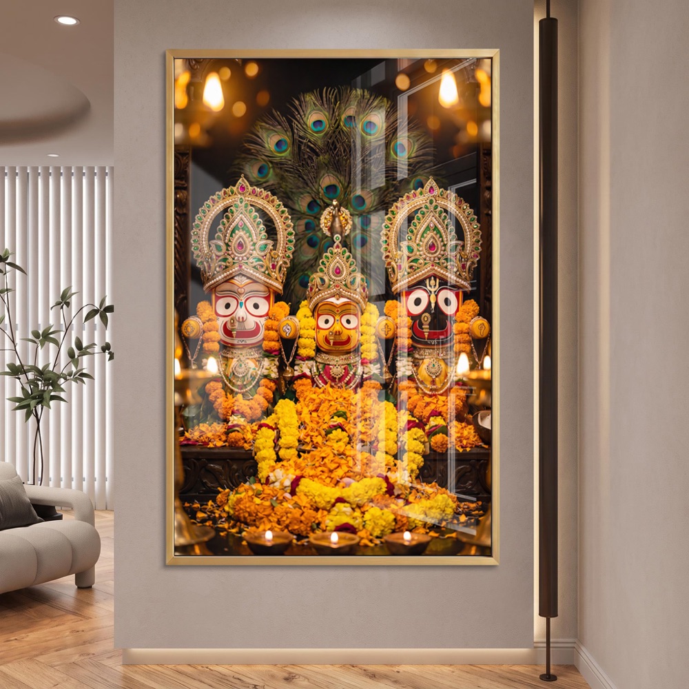 Jagannath Trinity Peacock Floral Glass Wall Painting