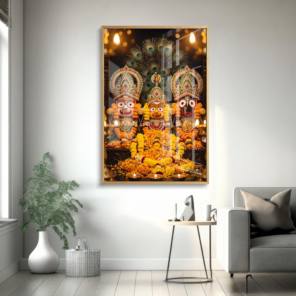 Jagannath Trinity Peacock Floral Glass Wall Painting - Image 2