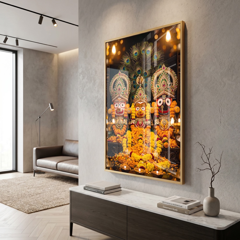Jagannath Trinity Peacock Floral Glass Wall Painting - Image 3