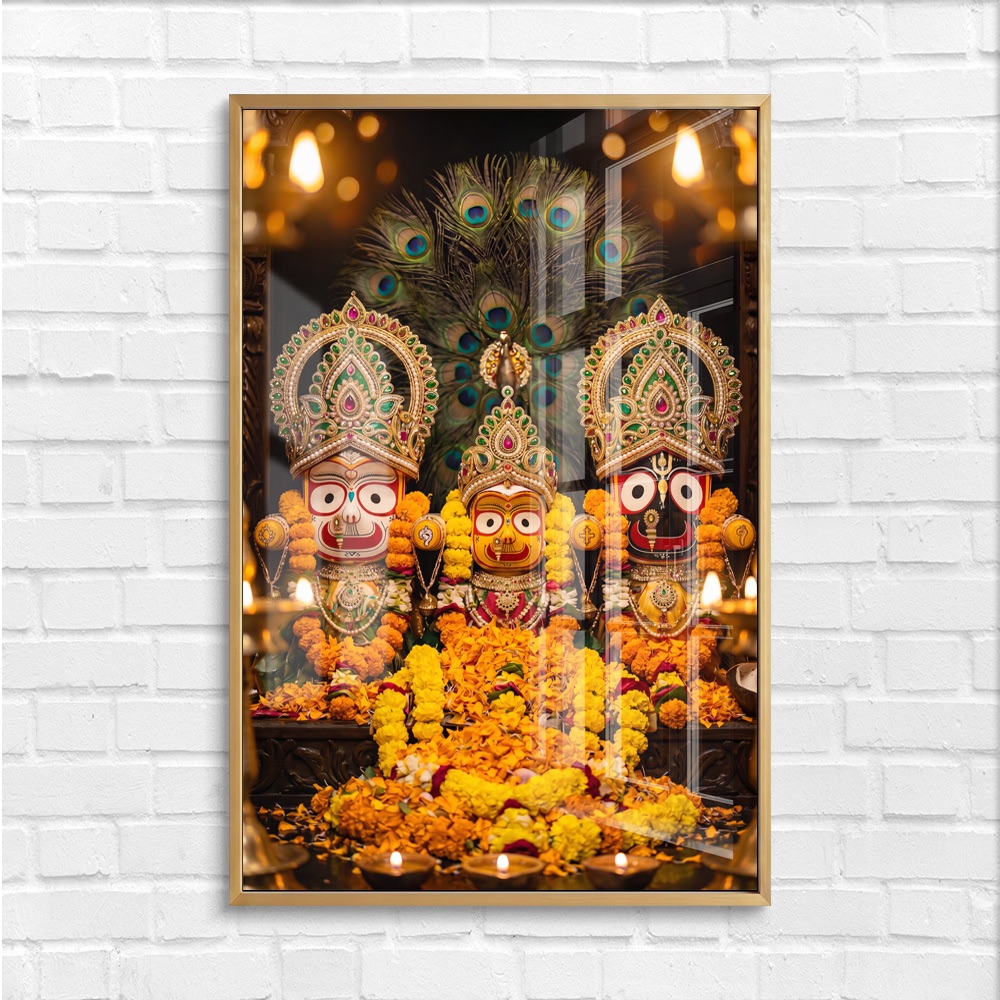 Jagannath Trinity Peacock Floral Glass Wall Painting - Image 4