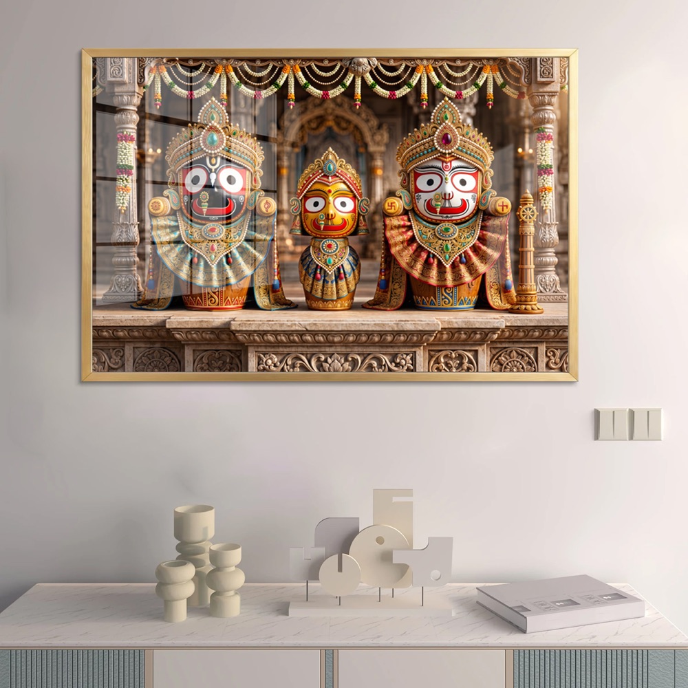 Jagannath Trinity Carved Temple Glass Painting
