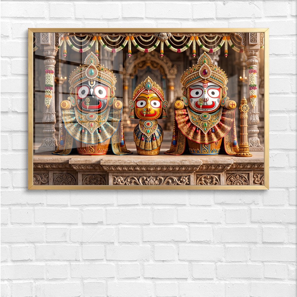 Jagannath Trinity Carved Temple Glass Painting - Image 4