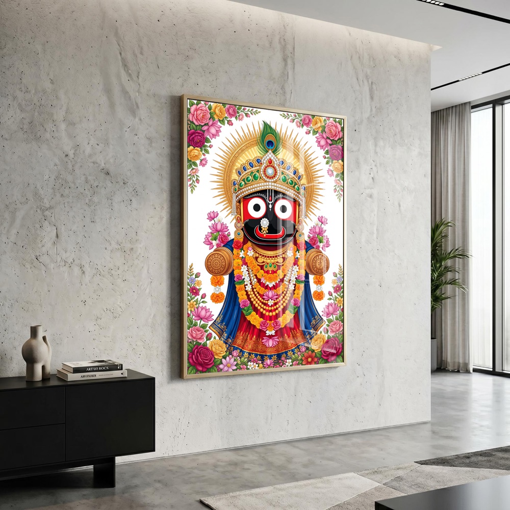 Floral Border Lord Jagannath Glass Wall Art - Image 3