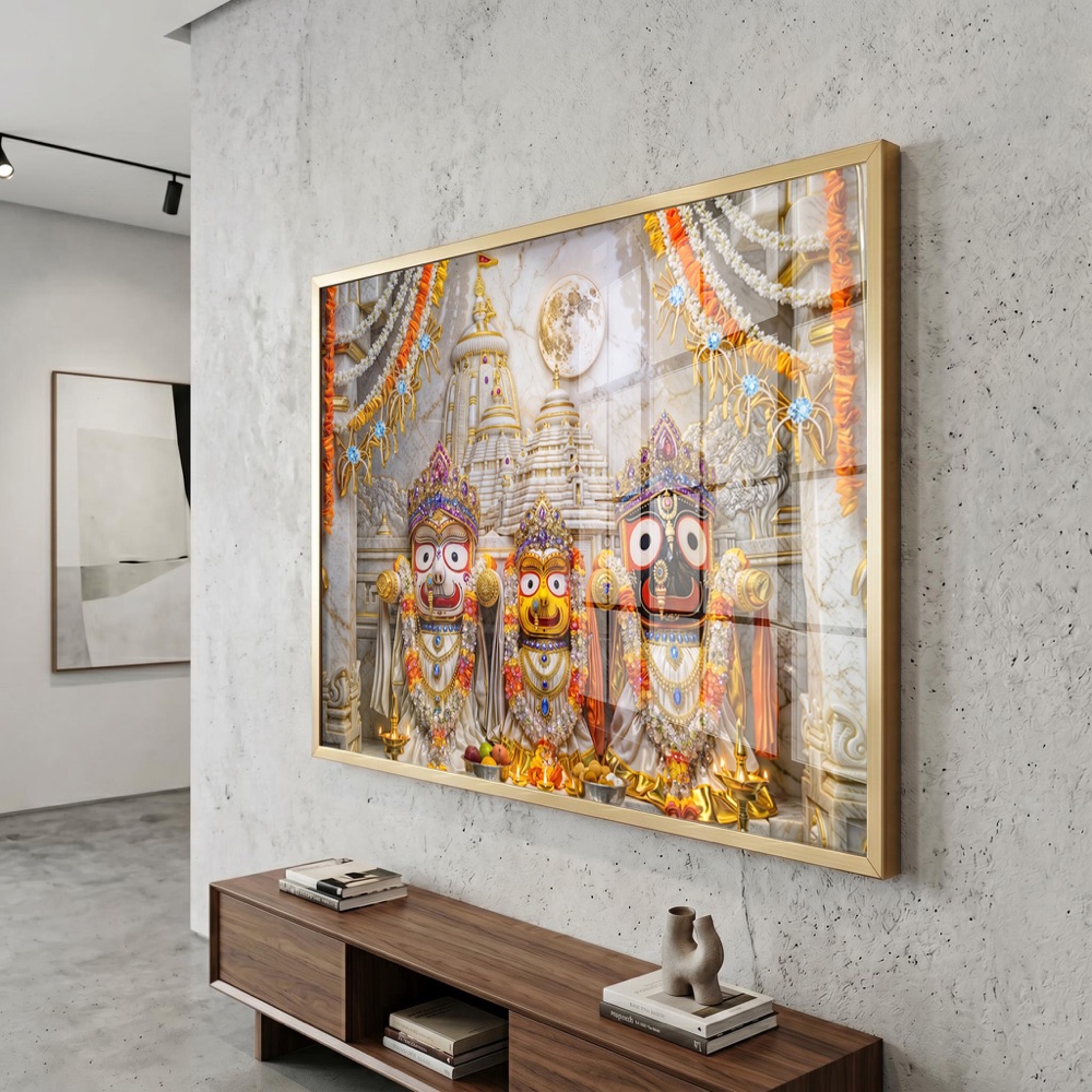 Jagannath Trinity White Marble Shrine Glass Painting - Image 3