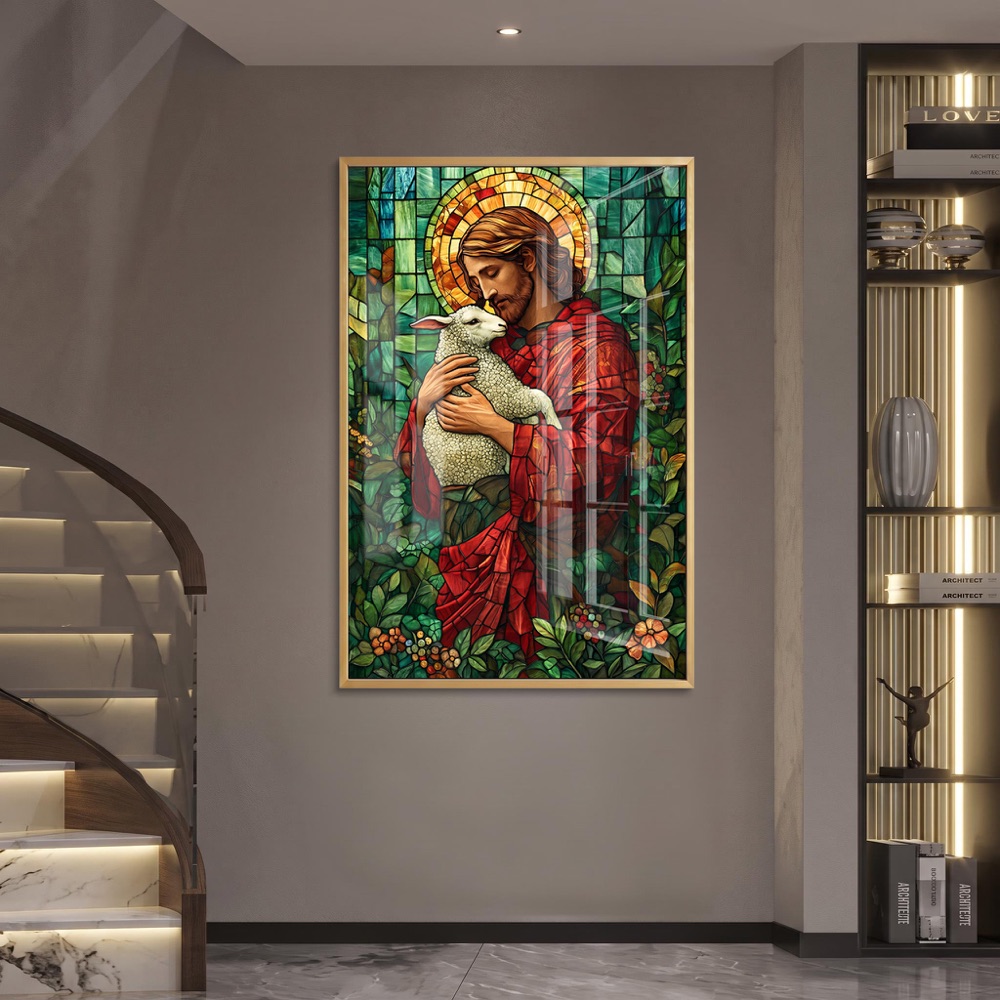 Stained Glass Jesus and Lamb Artwork - Image 2