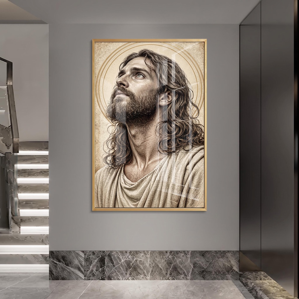 Vintage Pencil Sketch Jesus Glass Art